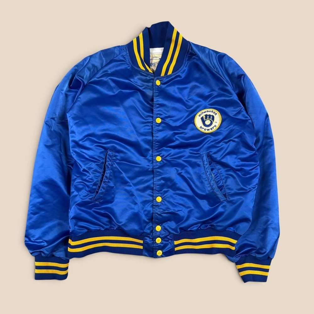 Vintage 80s Milwaukee Brewers Satin Spellout Bomber Jacket Blue M Light Wear